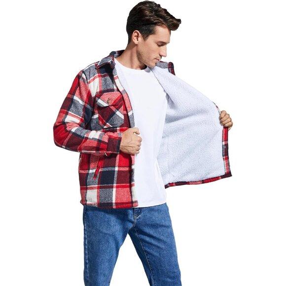 Men's Red Cotton Sherpa Lined Button Down Flannel Shirt Jacket Plaid Soft . - Picture 3 of 7
